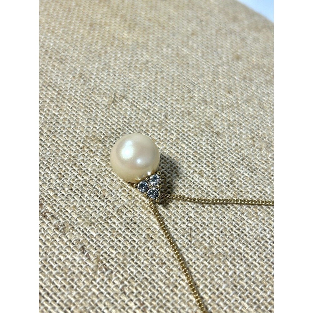 Monet Gold Tone Necklace Faux Pearl Pendant w/ Rhinestones